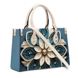 Mandala Collection Teal & Gold-Teal Sides Luxury Women Vegan Leather Tote Bag (White Straps)