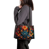 Mandala Collection Bright Colors-Teal Sides Luxury Women Vegan Leather Tote Bag (Black Straps)