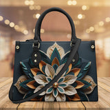 Mandala Collection Teal & Terracotta -Terracotta Sides Luxury Women Vegan Leather Tote Bag (Black Straps)