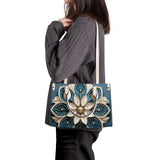 Mandala Collection Teal & Gold-Teal Sides Luxury Women Vegan Leather Tote Bag (White Straps)