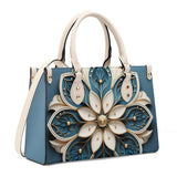 Mandala Collection Teal & Gold-Teal Sides Luxury Women Vegan Leather Tote Bag (White Straps)