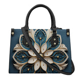 Mandala Collection Teal & Gold-Teal Sides Luxury Women Vegan Leather Tote Bag (Black Straps)