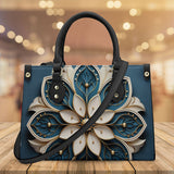 Mandala Collection Teal & Gold-Black Sides Luxury Women Vegan Leather Tote Bag (Black Straps)