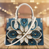 Mandala Collection Teal & Gold-Teal Sides Luxury Women Vegan Leather Tote Bag (White Straps)