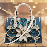 Mandala Collection Teal & Gold-Bone White Sides Luxury Women Vegan Leather Tote Bag (White Straps)