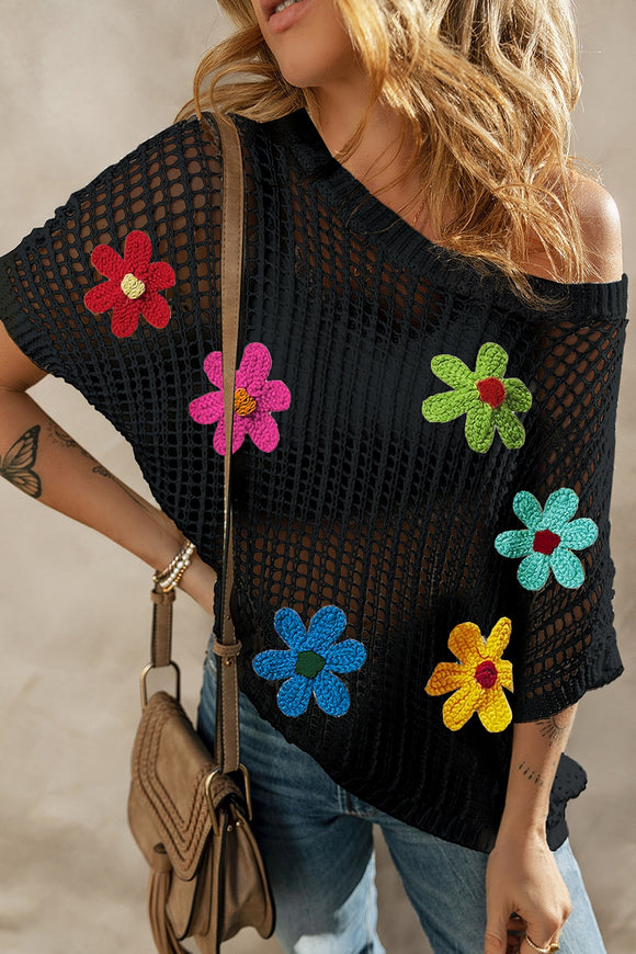 Flower Round Neck Half Sleeve Knit Cover Up - Ajonjolí&Spice33 Bazaar