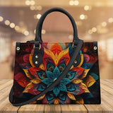 Mandala Collection Bright Colors-Black Sides Luxury Women Vegan Leather Tote Bag (Black Straps)