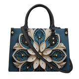 Mandala Collection Teal & Gold-Black Sides Luxury Women Vegan Leather Tote Bag (Black Straps)