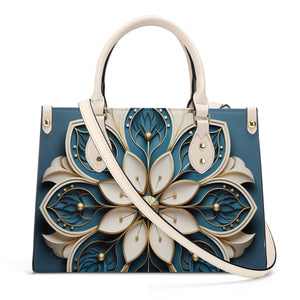 Mandala Collection Teal & Gold-Teal Sides Luxury Women Vegan Leather Tote Bag (White Straps)