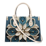 Mandala Collection Teal & Gold-Teal Sides Luxury Women Vegan Leather Tote Bag (White Straps)