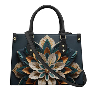 Mandala Collection Teal & Terracotta -Sand Sides Luxury Women Vegan Leather Tote Bag (Black Straps)