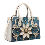 Mandala Collection Teal & Gold-Bone White Sides Luxury Women Vegan Leather Tote Bag (White Straps)