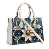 Mandala Collection Teal & Gold-Bone White Sides Luxury Women Vegan Leather Tote Bag (White Straps)