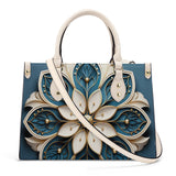 Mandala Collection Teal & Gold-Bone White Sides Luxury Women Vegan Leather Tote Bag (White Straps)