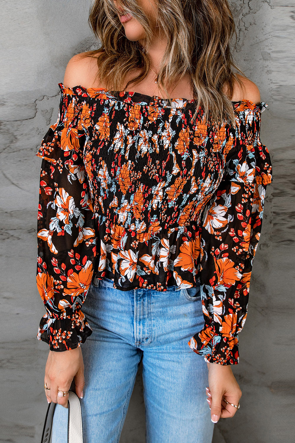 Smocked off the shoulder peplum top online