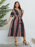 Plus Size Bohemian V-Neck Tie Belt Midi Dress - Ajonjolí&Spice33 Bazaar