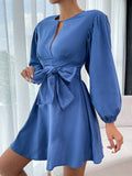 Round Neck Tie Waist Long Sleeve Mini Dress - Ajonjolí&Spice33 Bazaar