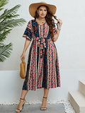 Plus Size Bohemian V-Neck Tie Belt Midi Dress - Ajonjolí&Spice33 Bazaar